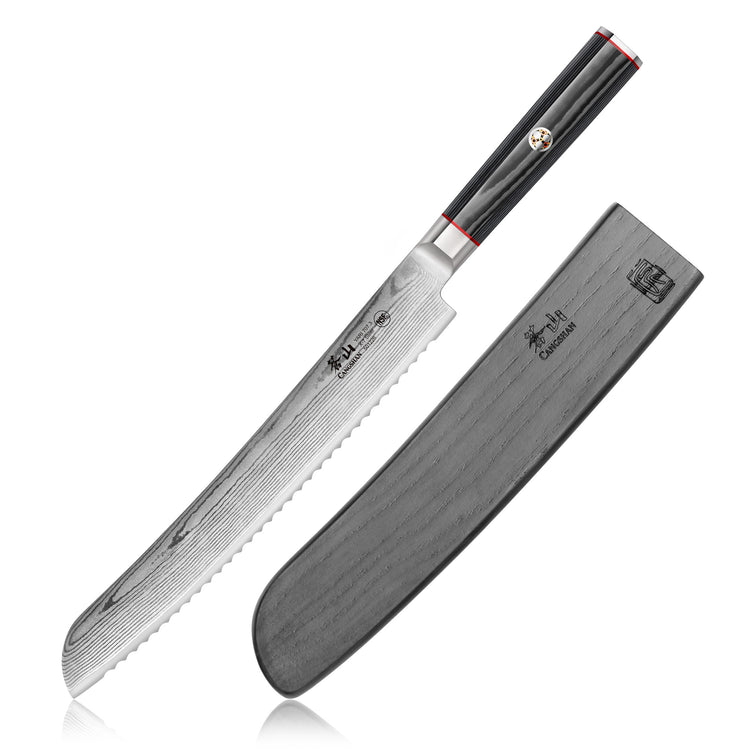 9-inch serrated bread knife with patterned Damascus steel blade and black sheath with logo.