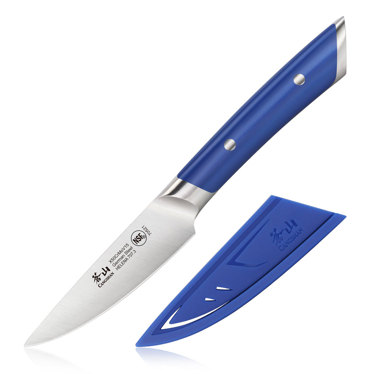 3.5-inch paring knife with blue handle and matching blue protective sheath on white background.