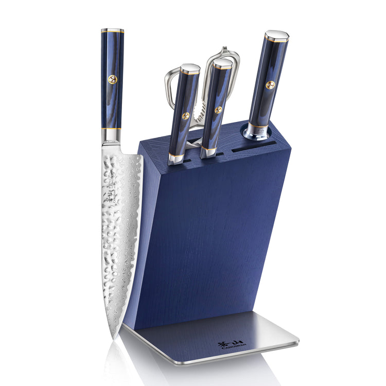 Knife block set with four knives and a peeler, featuring blue handles and hammered steel blades.
