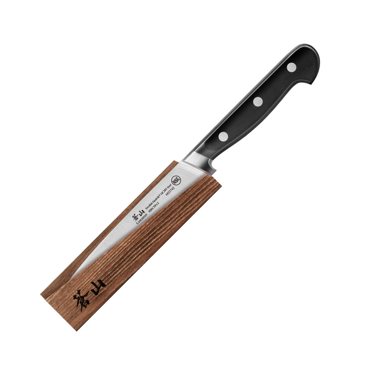 Japanese-style kitchen knife with black handle and wooden sheath covering the blade.