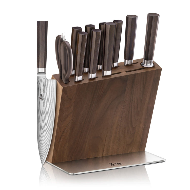 MAYA Series 12-piece knife block set in a walnut block with dark wood handles and a Damascus steel blade.