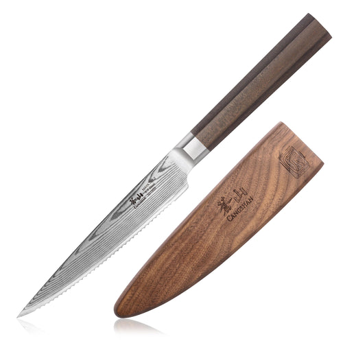 5-inch serrated utility knife with patterned Damascus steel blade and wooden handle, accompanied by a wooden sheath.
