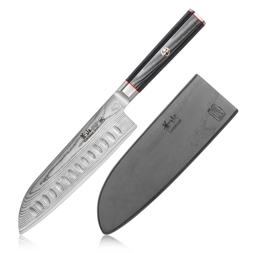 HexClad 7 inch Santoku Knife Japanese Damascus Stainless Steel Full Tang, Silver