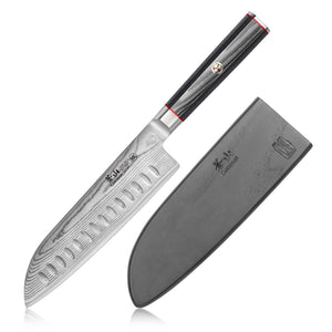 
                  
                    Load image into Gallery viewer, YARI Series 7-Inch Santoku Knife with Sheath, X-7 Damascus Steel, 501240
                  
                