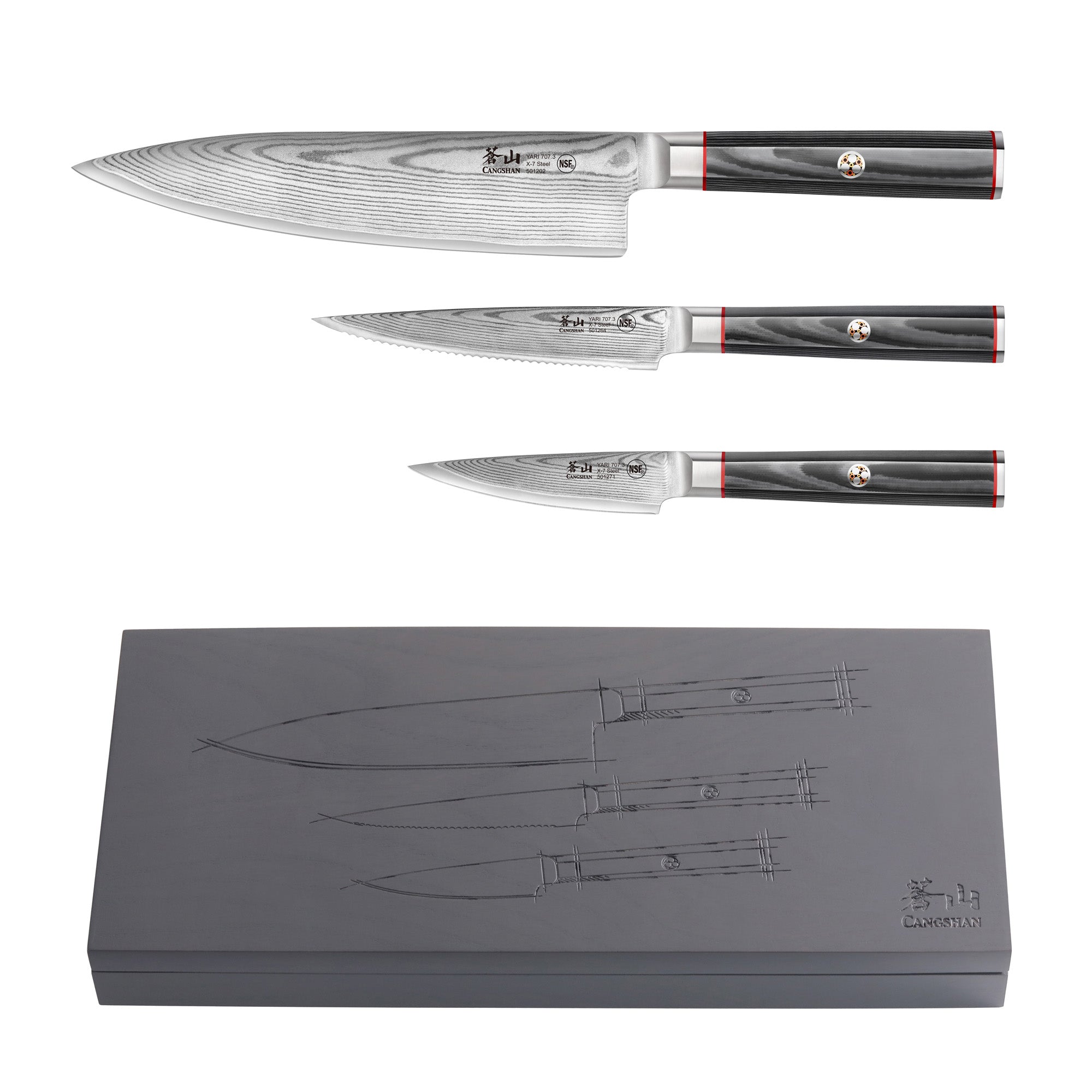 YARI Series 3-Piece Starter Knife Set with Ash Wood Box, X-7 Damascus Steel, 501356