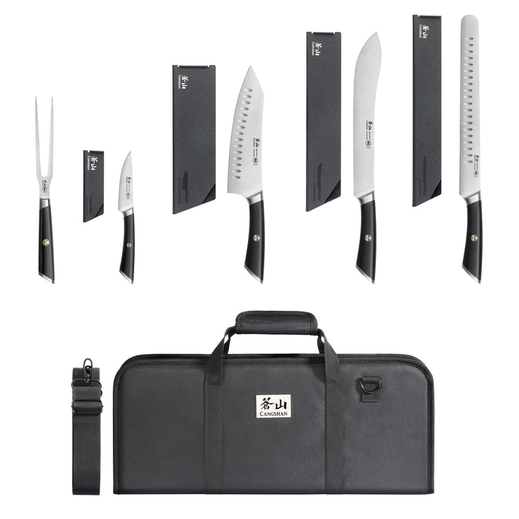 Six-piece BBQ knife set with black handles, including fork, paring, santoku, carving, and slicing knives, plus a black carryi