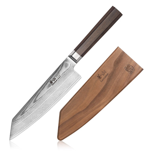 7-inch Damascus steel kiritsuke knife with dark wooden handle and matching wooden sheath.