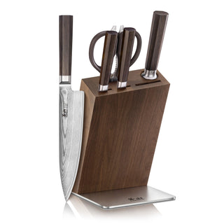 
                    
                      MAYA Series 6-Piece Knife Block Set with X-7 Damascus Steel blade, dark wood handles, kitchen shears, and walnut block.
                    
                  