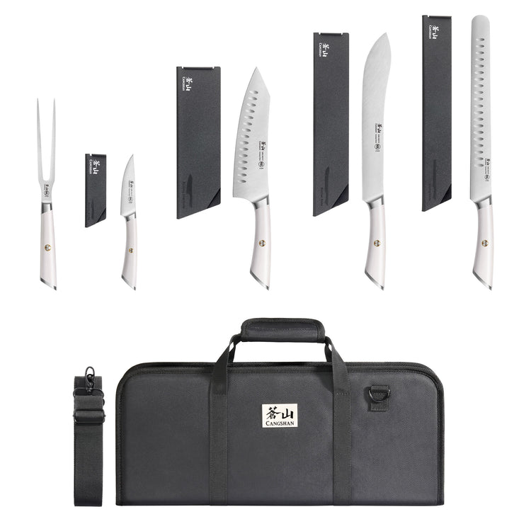 Six-piece BBQ knife set with black handles, including fork, paring, chef, carving, and bread knives, plus black carrying bag.