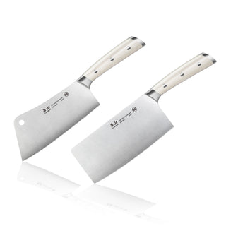 
                    
                      Two stainless steel cleaver knives with white handles, one with a hole near the blade tip, displayed on a white background.
                    
                  