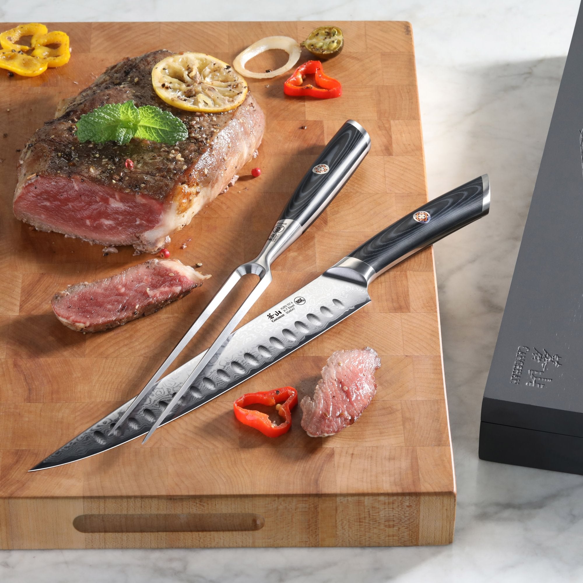 KURO Series 2-Piece Carving Knife Set in Ash Wood Box, High Carbon X-7 Damascus Steel, 504302