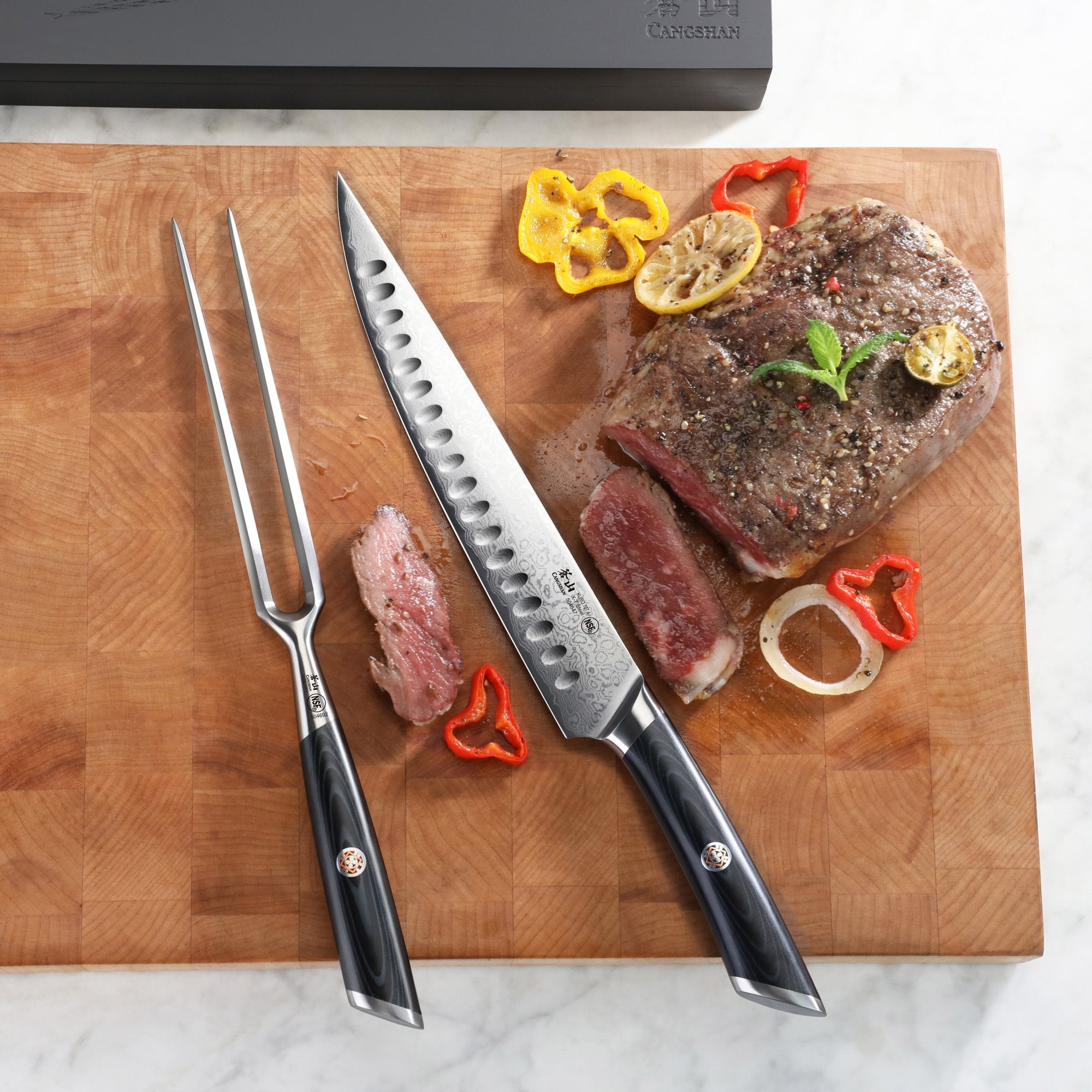 KURO Series 2-Piece Carving Knife Set in Ash Wood Box, High Carbon X-7 Damascus Steel, 504302