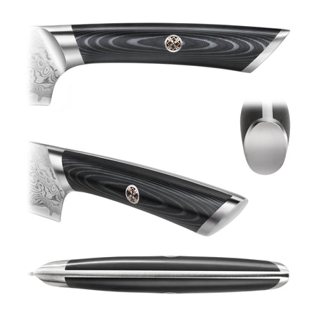 Close-up views of a knife handle with black wood grain, metal bolsters, and a decorative circular emblem.