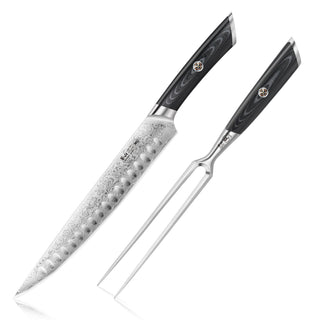 
                    
                      Two-piece carving set with patterned steel blade knife and two-prong fork, both with black handles.
                    
                  