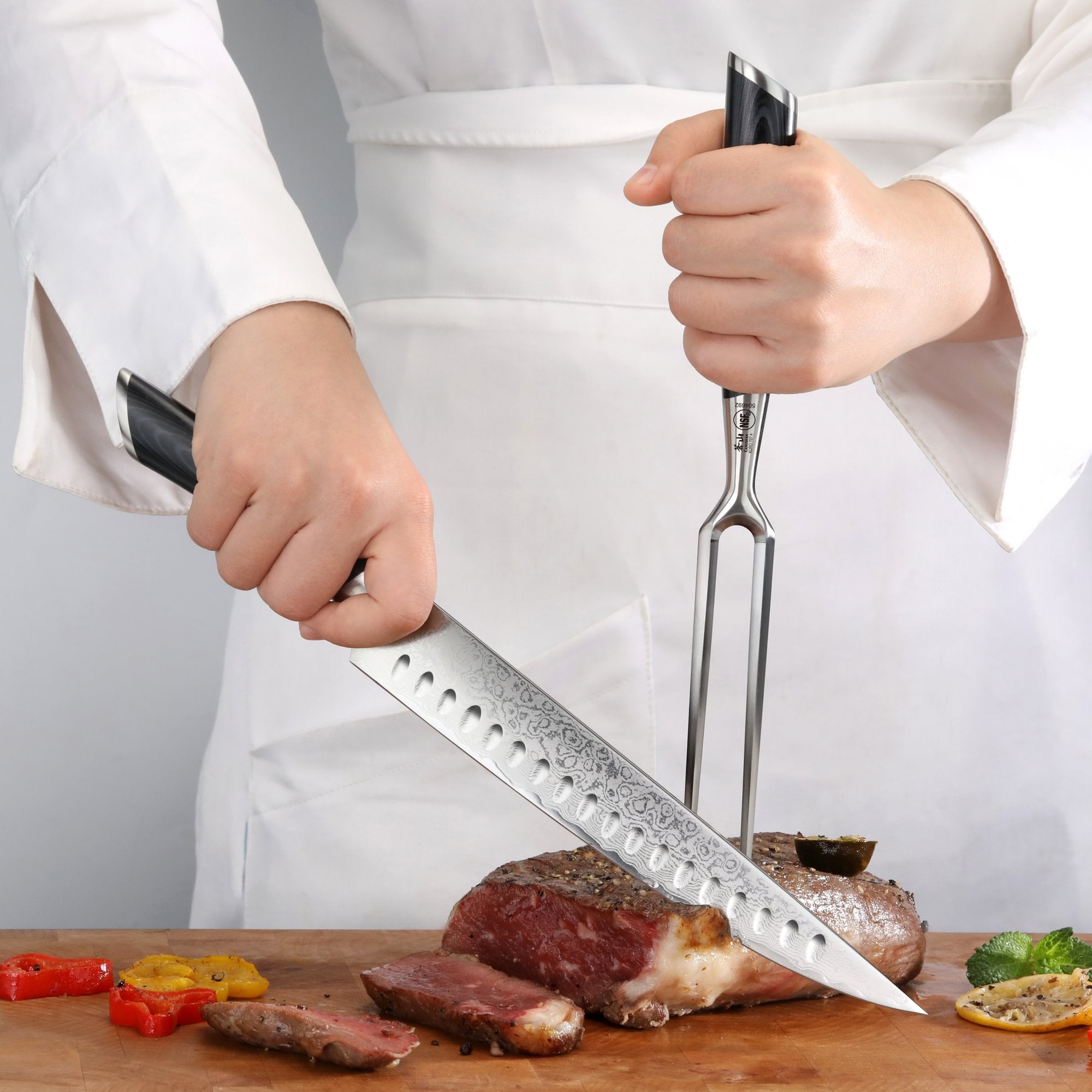 KURO Series 2-Piece Carving Knife Set in Ash Wood Box, High Carbon X-7 Damascus Steel, 504302