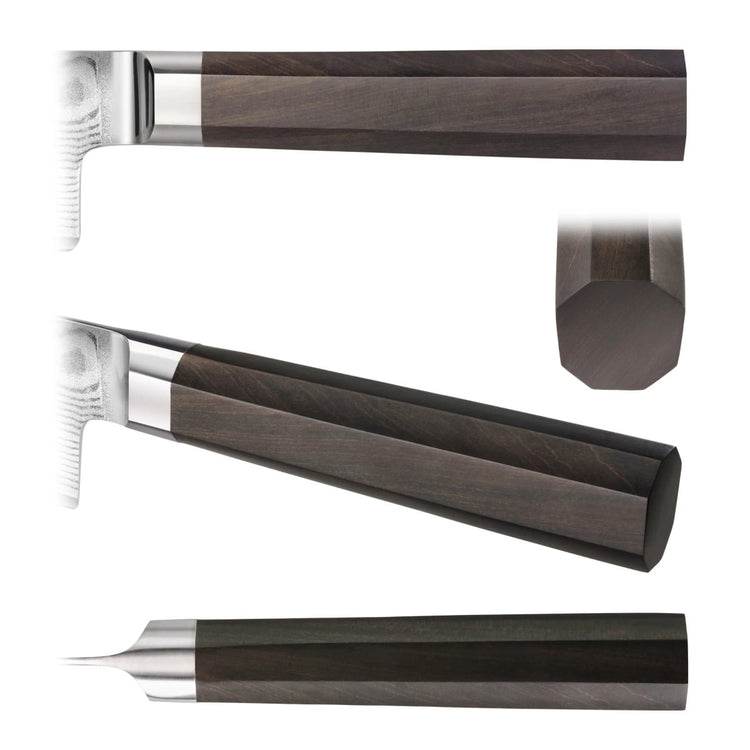 Close-up views of a knife handle made of dark walnut wood with a metal bolster and an octagonal shape.