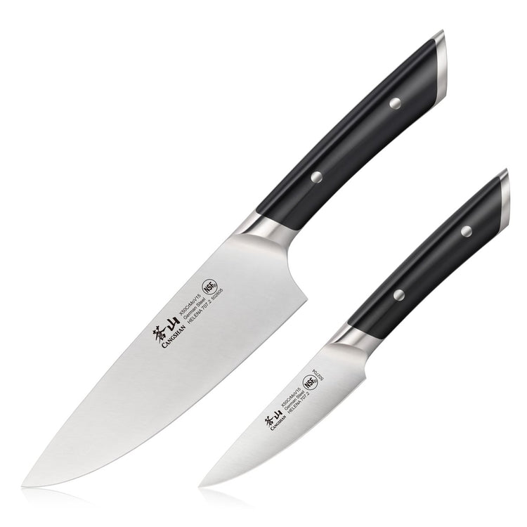 Two-piece kitchen knife set with a chef knife and paring knife featuring black handles and steel blades.