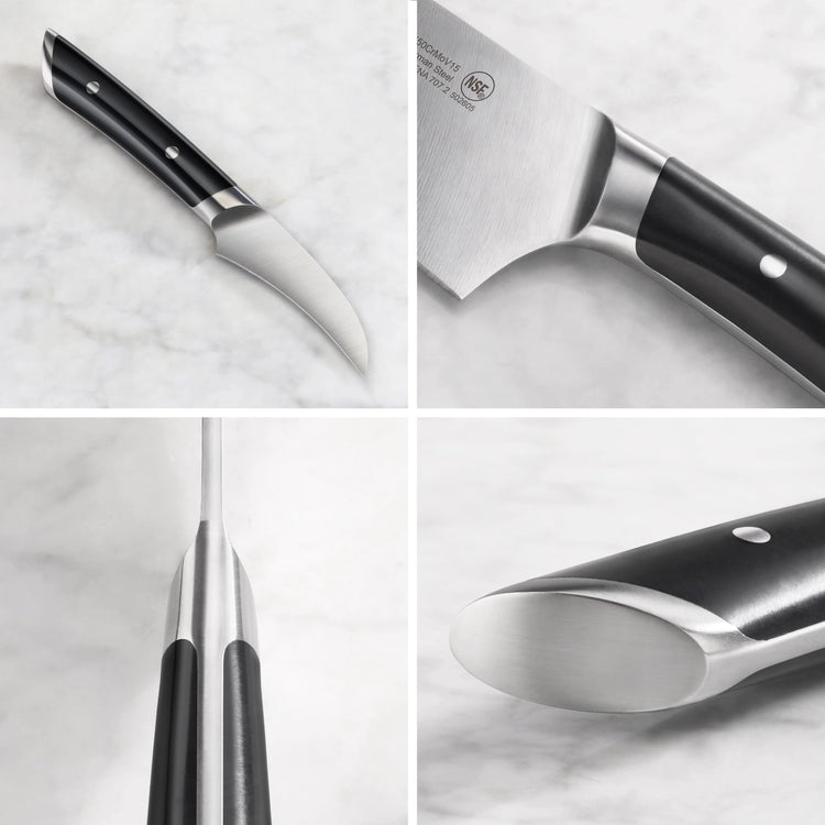 Curved peeling knife with black handle and stainless steel blade shown from multiple close-up angles.