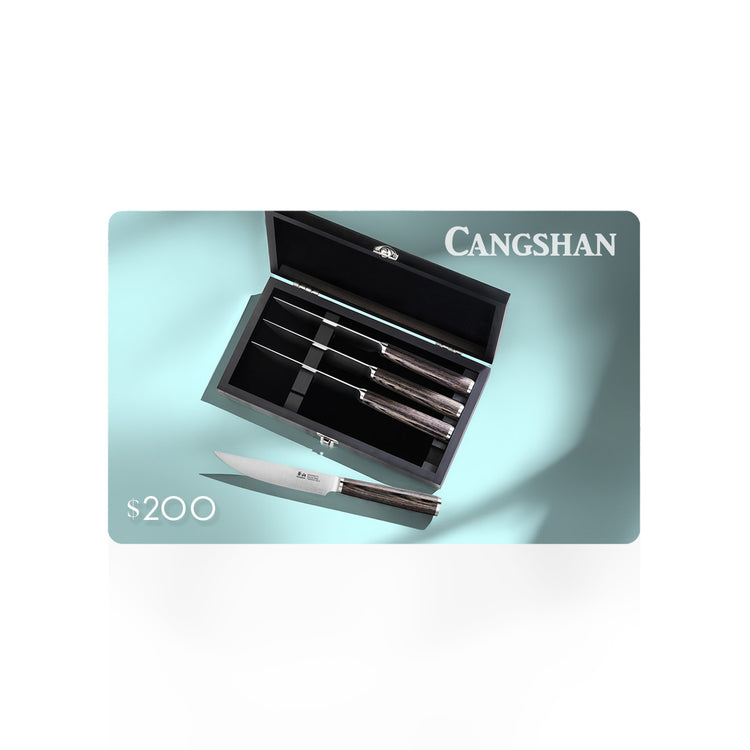 Cangshan $200 gift card featuring a knife set in an open black box.
