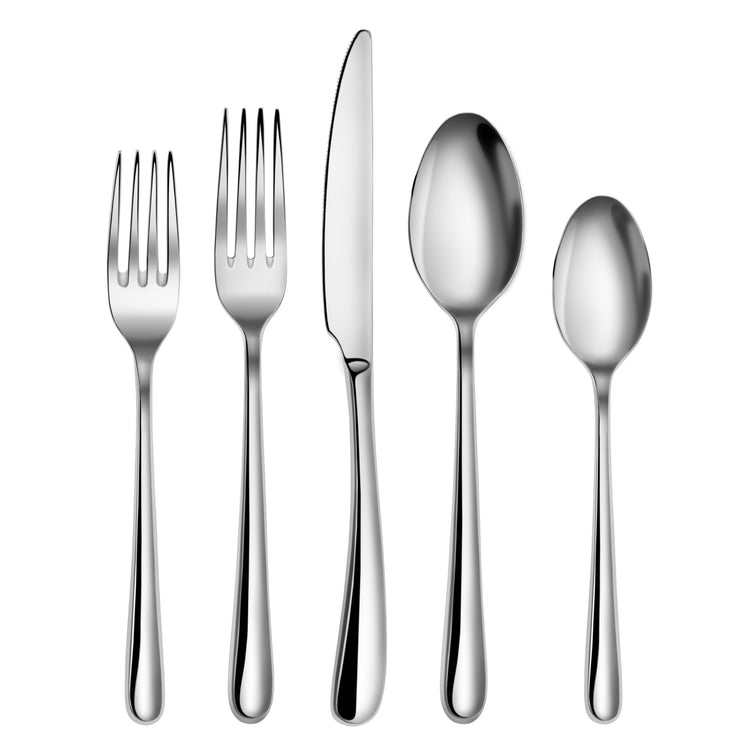 Five pieces of stainless steel flatware including a salad fork, dinner fork, knife, tablespoon, and teaspoon arranged side by