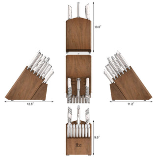 
                    
                      Wooden knife block with 23 stainless steel knives, shown from four angles with dimensions.
                    
                  