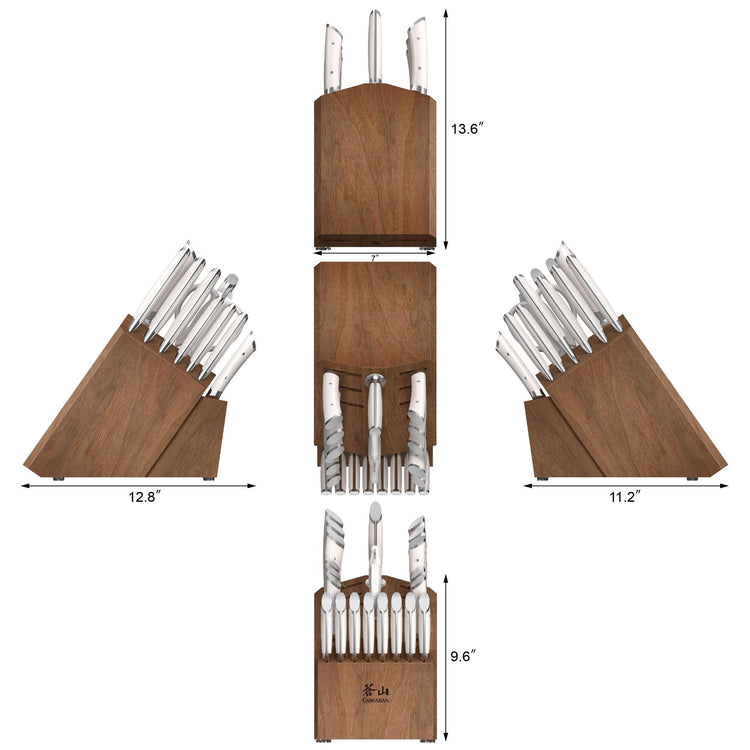 Wooden knife block with 23 stainless steel knives, shown from four angles with dimensions.