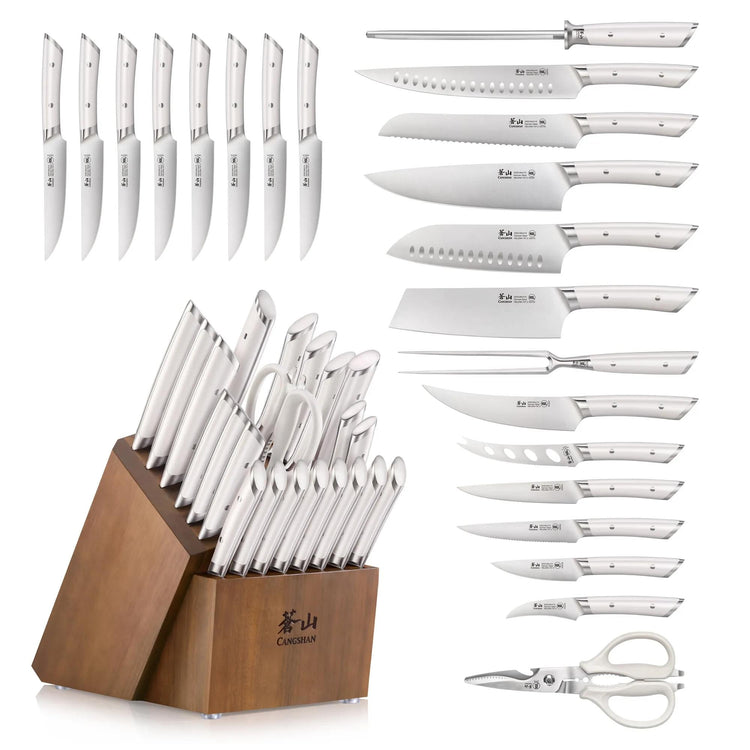 23-piece knife set with stainless steel blades and handles, including various knives, kitchen shears, and a wooden block.