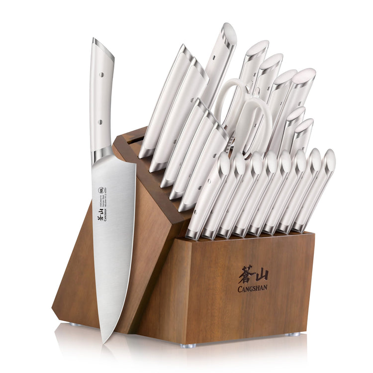 23-piece knife set with stainless steel blades and handles in an acacia wood block labeled CANGSHAN.