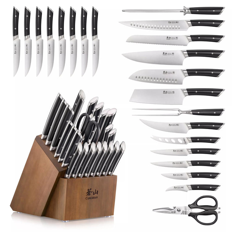 23-piece knife set with various blade types, kitchen shears, and a wooden block with black handles and silver rivets.
