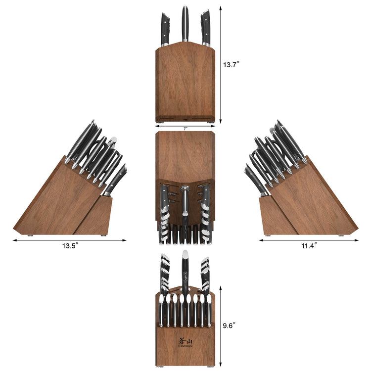Wooden knife block set with multiple knives, shown from front, back, top, and side views with dimensions.