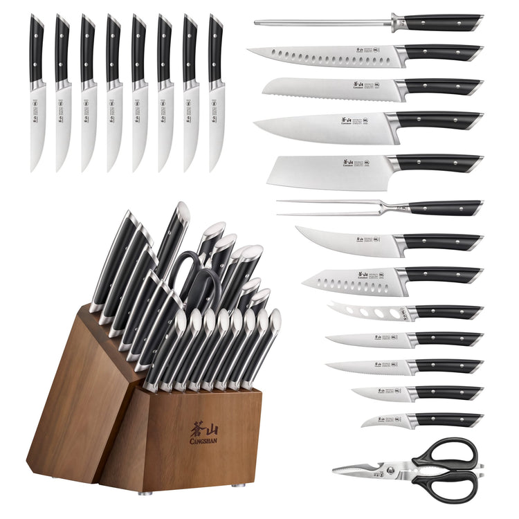 23-piece knife set with various blade types, sharpening rod, kitchen scissors, and wooden block with handles.