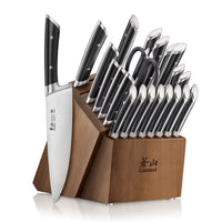 23-piece knife set with black handles in a wooden block, including kitchen shears and various knives.
