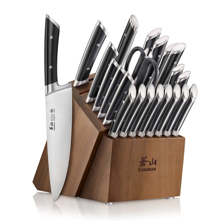 23-piece knife set with black handles in a wooden block, including kitchen shears and various knives.