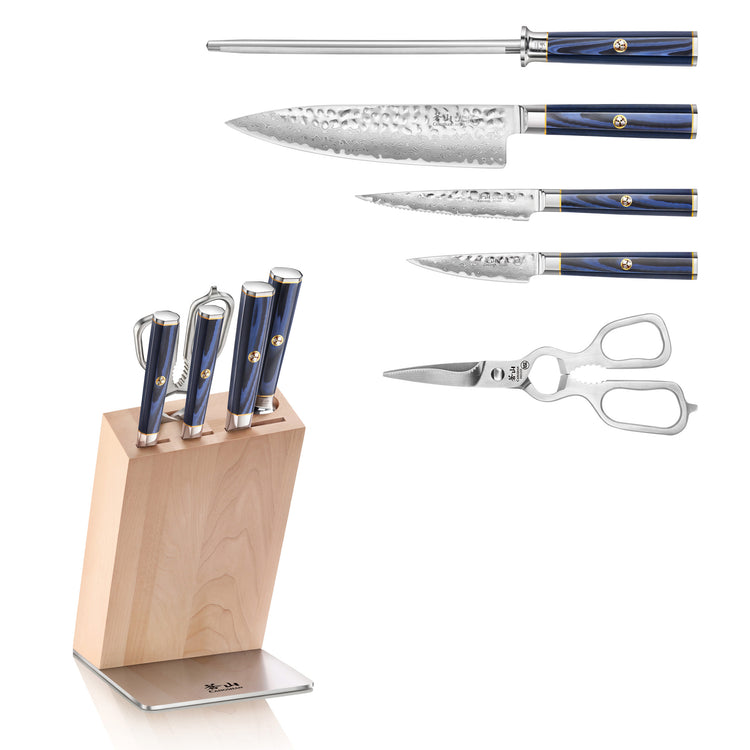 Six-piece knife set with three knives, sharpening steel, kitchen scissors, and wooden block with blue handles.