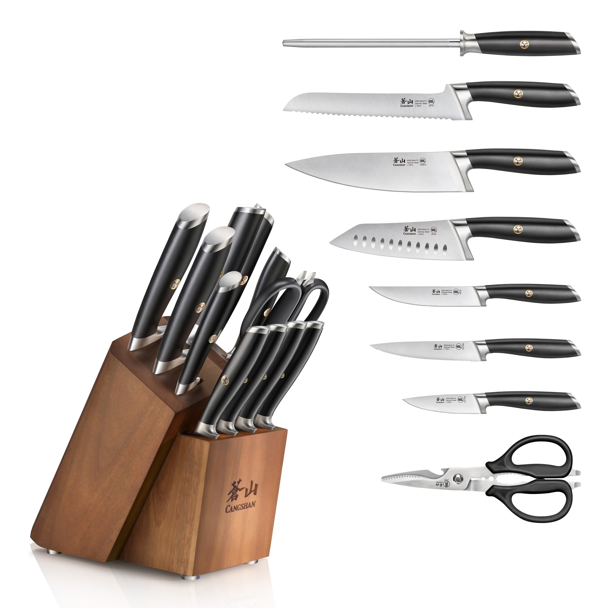 L & L1 Series 12-Piece Knife Block Set with 4 Steak Knives, Forged German Steel