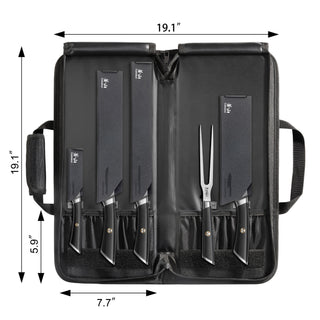 
                    
                      Six-piece BBQ knife set with black handles and protective sheaths, plus a two-prong fork, inside a black carrying case.
                    
                  