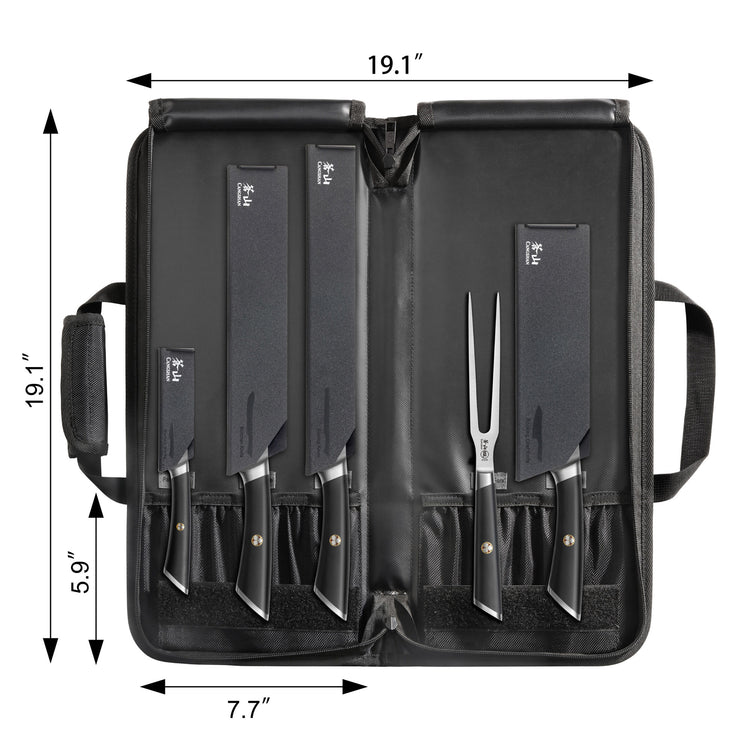 Six-piece BBQ knife set with black handles and protective sheaths, plus a two-prong fork, inside a black carrying case.