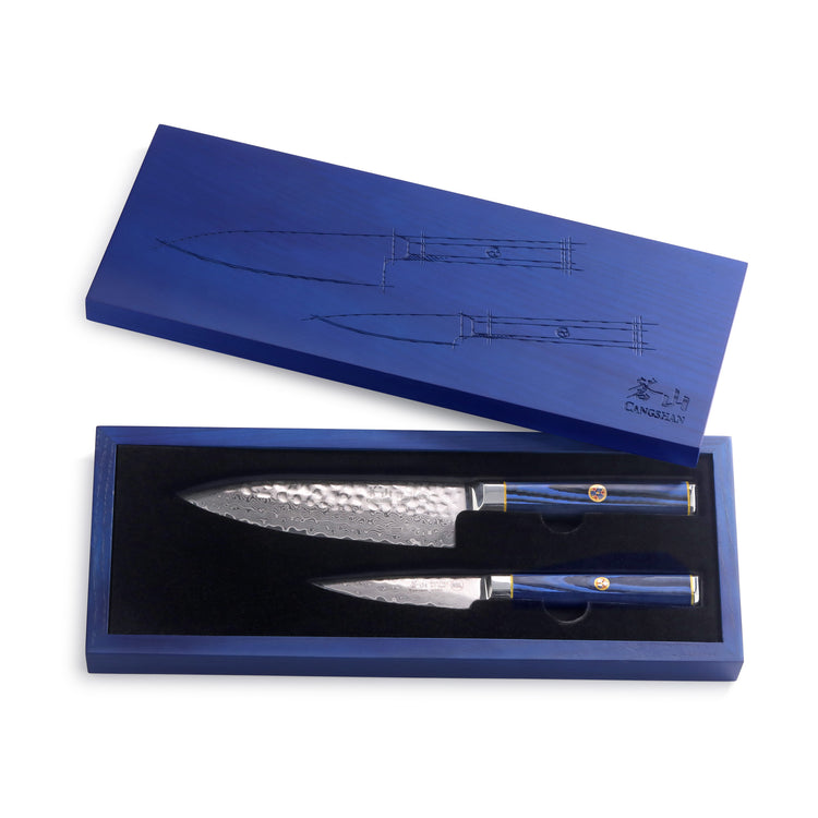 Two blue-handled knives with hammered blades in a blue box with knife outlines on the lid.