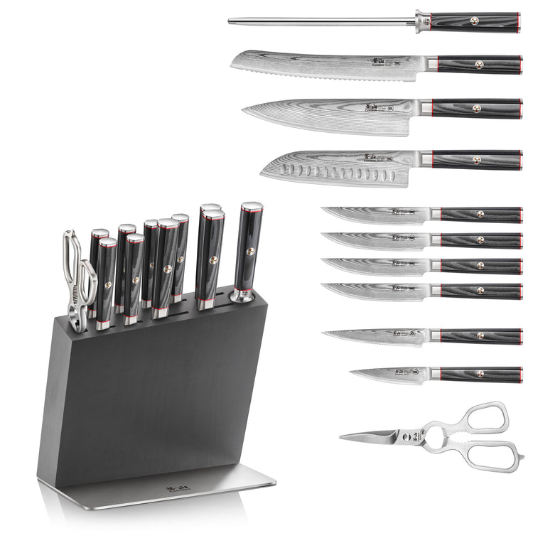 Twelve-piece knife set with black handles, including sharpening steel, kitchen scissors, and a black angled knife block.