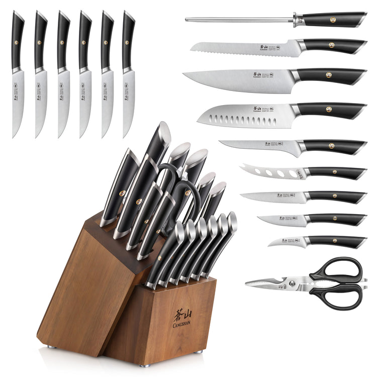 17-piece knife block set with forged steel blades, black handles, and acacia wood block, including scissors and sharpening ro