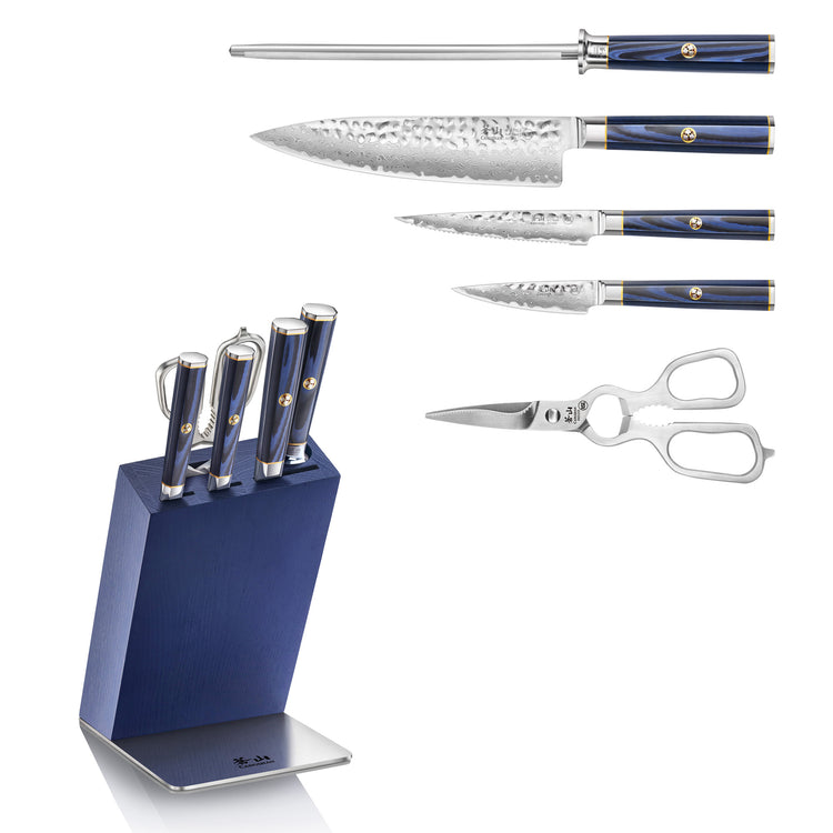 Six-piece knife set with three knives, sharpening steel, kitchen scissors, and blue knife block with metal base.