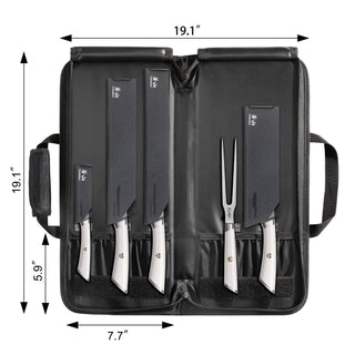 
                    
                      Six-piece BBQ knife set with white handles and black sheaths, plus a two-prong fork, inside an open black carrying case.
                    
                  