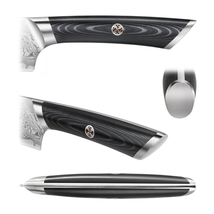 Knife handle with black wood grain, metal bolster, and decorative circular emblem, shown from multiple angles.