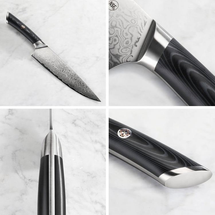 Chef knife with patterned Damascus steel blade and black wood handle, shown from multiple close-up angles.