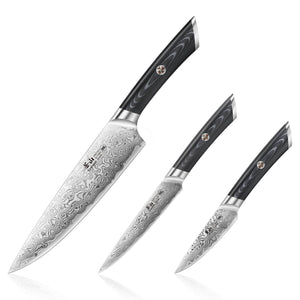 
                  
                    Load image into Gallery viewer, KURO Series 3-Piece Starter Knife Set with Ash Wood Box, High Carbon X-7 Damascus Steel, 504319
                  
                
