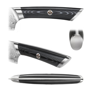 
                    
                      Black and silver knife handle with wood grain pattern and metal emblem, shown from four angles.
                    
                  