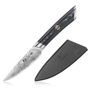 
                    
                      3.5-inch paring knife with patterned Damascus steel blade and black handle, accompanied by a black protective sheath.
                    
                  
