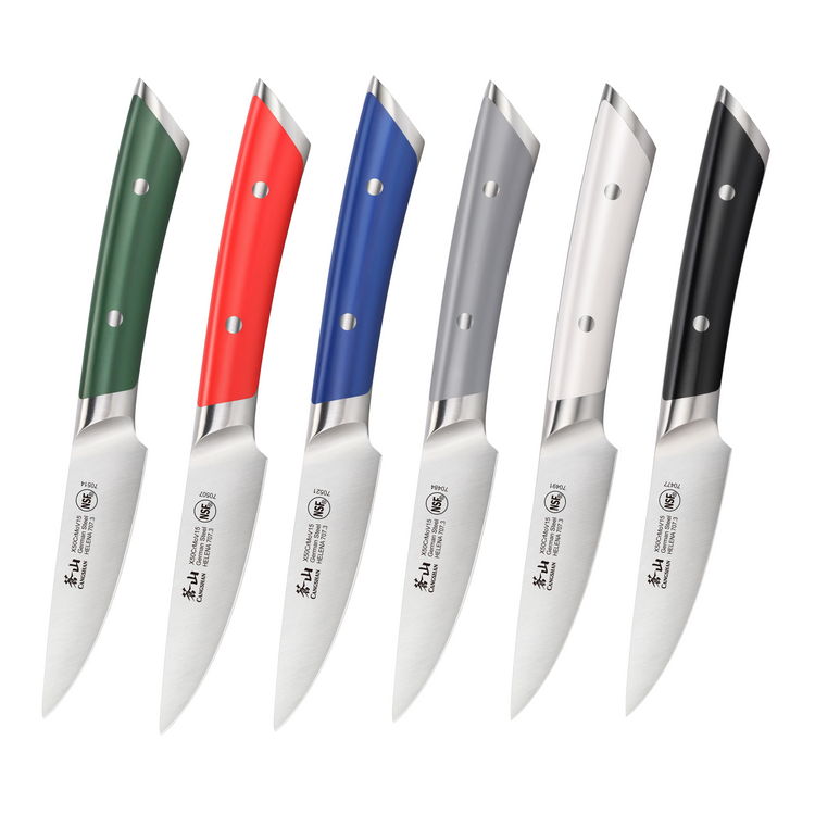 Six paring knives with colored handles in green, red, blue, gray, white, and black, arranged side by side.