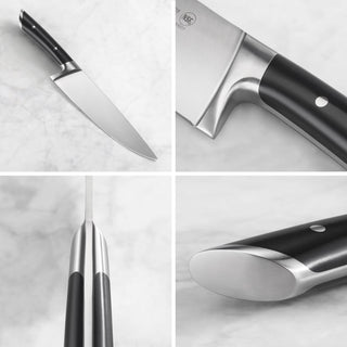 
                    
                      Chef knife with black handle and stainless steel blade shown from multiple angles on a marble surface.
                    
                  