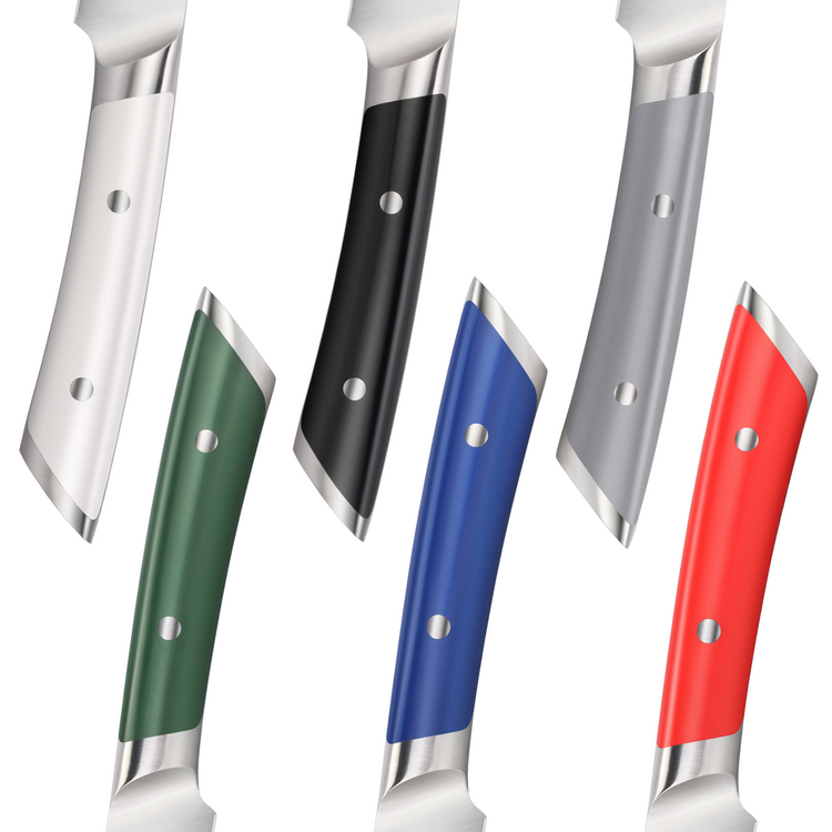 Six paring knife handles in white, black, gray, green, blue, and red with metal rivets and blade bases.